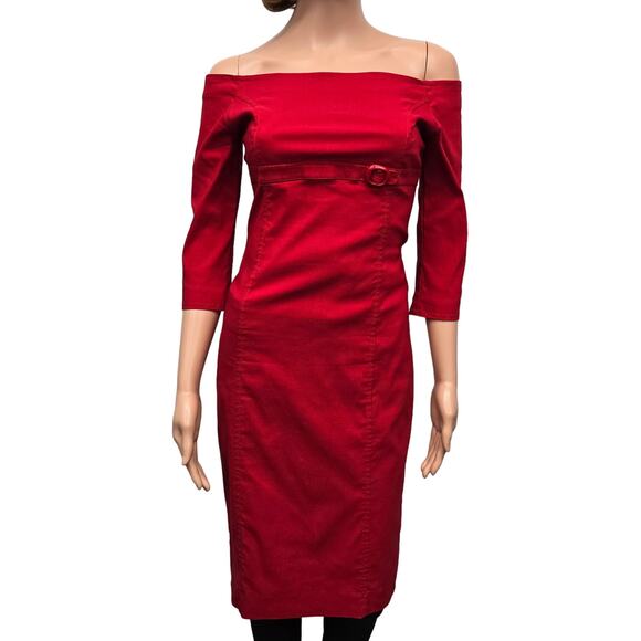 ZARA Red Dress Women M Empire Waist w Belt Buckle On Off Shoulder 3/4 Sleeve - Picture 4 of 13